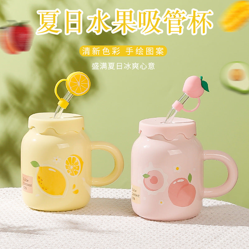Ceramic Fruit Mug with Lid, Straw, and Handle - 400ml Cute Aesthetic Water Cup