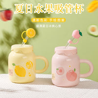 Ceramic Fruit Mug with Lid, Straw, and Handle - 400ml Cute Aesthetic Water Cup