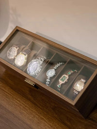 Premium Walnut Wood Grain Watch Storage Box with Clear Lid, Multi-Slot Organizer