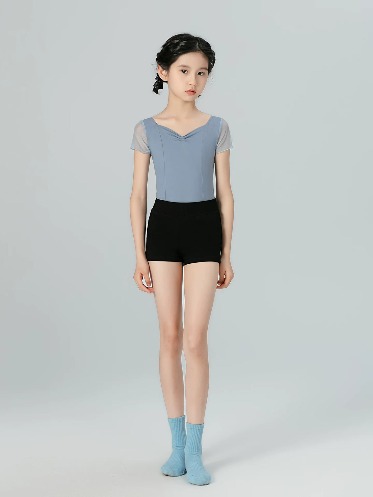 Girls' Mesh Splice Short Sleeve Ballet Leotard for Dance Practice