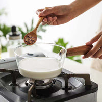 Glass Milk Pot with Acacia Wood Handle, Small Saucepan for Induction Cooktop, Gas Stove, and Open Flame