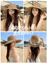 French Hepburn Style Straw Sun Hat for Women, Wide Brim Foldable Beach Fisherman Cap with Windproof Lanyard