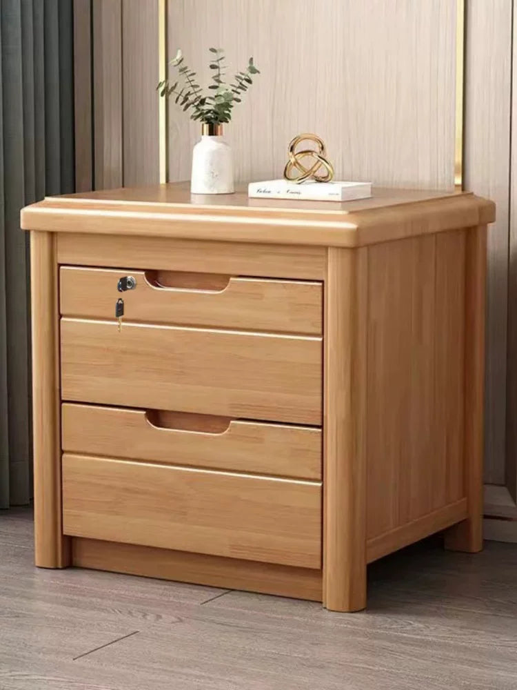 Solid Wood Bedside Table with Lock, Modern Minimalist Chinese Style Storage Cabinet, Mini Bedroom Drawer Nightstand