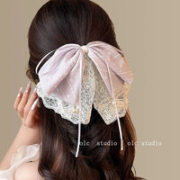 Striped Chiffon Lace Bow Hair Clip for Ponytails and Half-Up Hairstyles