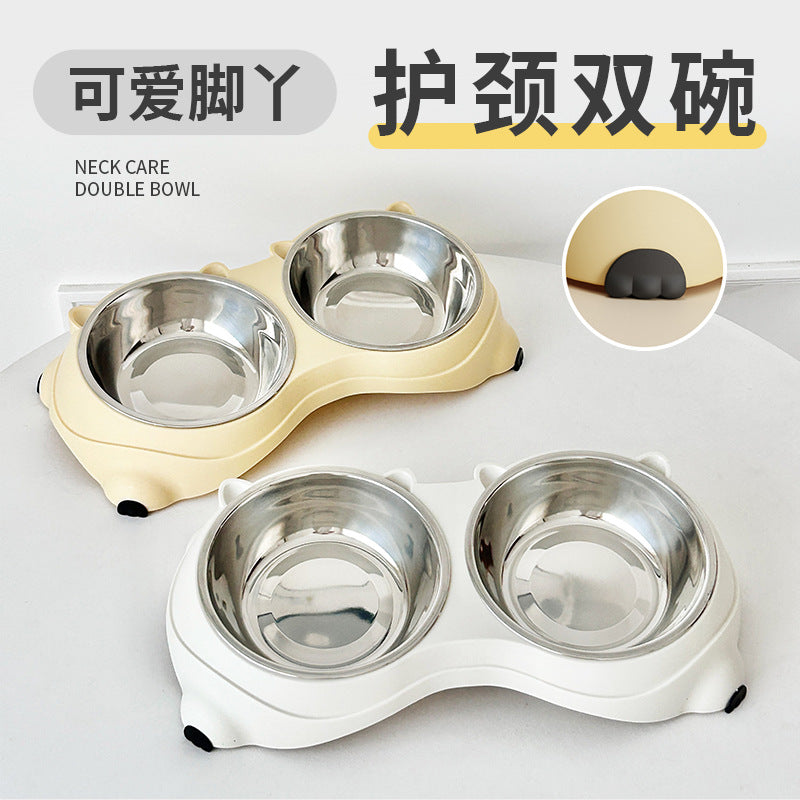 Non-Slip Stainless Steel Double Pet Bowl for Cats and Dogs, Food and Water Feeder