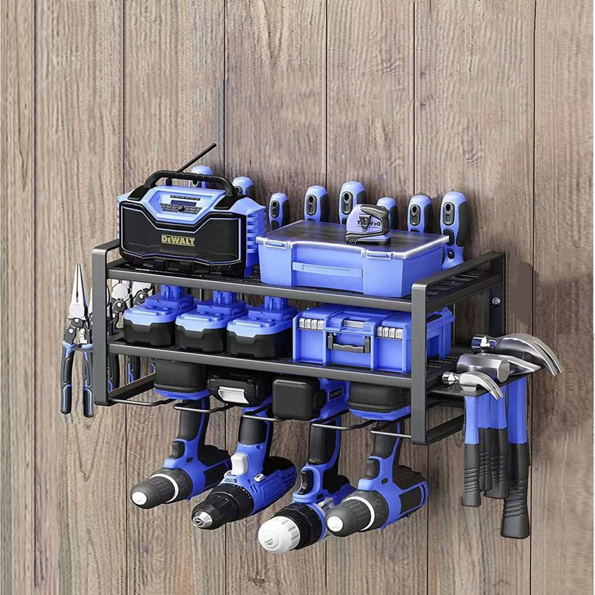 Wall-Mounted Power Tool Organizer Rack with Detachable Drill Charging Station and Bit Holder