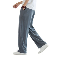 Men's Summer Linen Blend Straight Leg Casual Pants Loose Fit Wide Leg Trousers