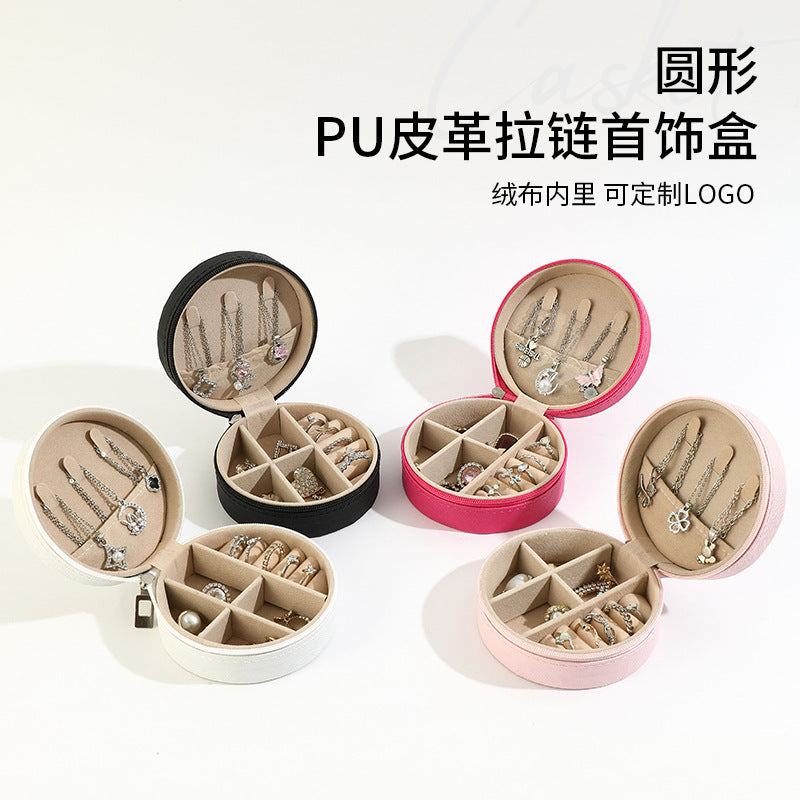 Round PU Leather Travel Jewelry Box with Zipper Closure for Earrings, Rings, and Bracelets