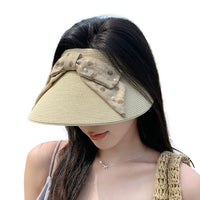 Pearl Polka Dot Bowknot Visor Sun Hat for Women, Outdoor Travel Beach Straw Hat