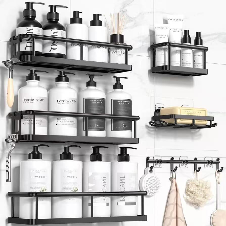 Wall-Mounted Bathroom Shelf Organizer, No-Drill Iron Art Storage Rack for Toiletries