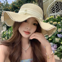 Lace Pearl Bowknot Wide Brim Straw Hat for Women, Summer Beach Vacation Sun Protection