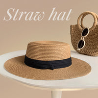 French Flat Top Straw Hat for Women - Summer Sun Protection Beach Vacation Fedora