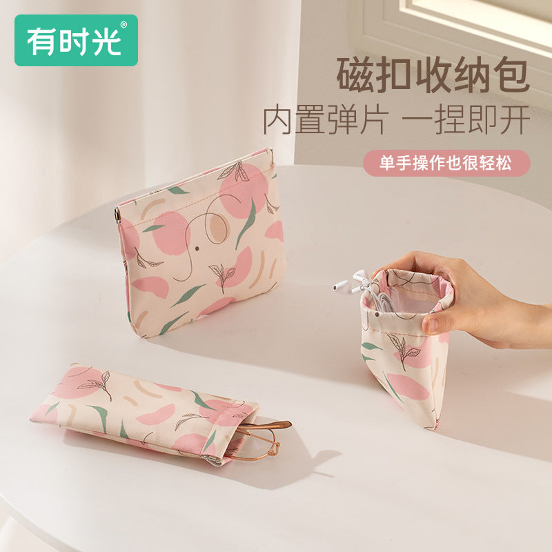 Portable Self-Closing Storage Pouch for Cables, Earphones, and Cosmetics
