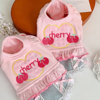 Pet Cat Small Dog Embroidered Cherry Denim Princess Dress Cotton Autumn Winter Base Layer