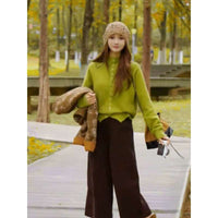 Women's Korean Style Stand Collar Knit Sweater & High-Waist Cropped Pants Two-Piece Set