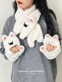 Cute Cartoon Plush Westie Dog / Cat Scarf & Gloves Set for Women, Thickened Warm Winter Accessories