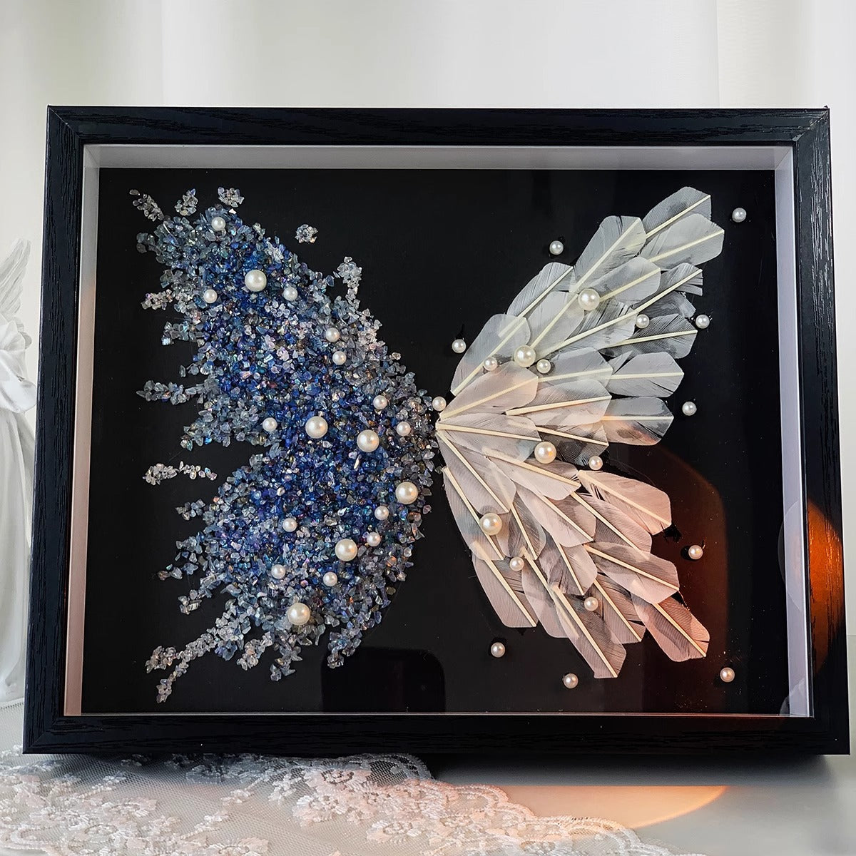 Ice Blue Crystal Feather Butterfly Photo Frame DIY Handmade Material Kit Desktop Display Frame Valentine's Day Gift
