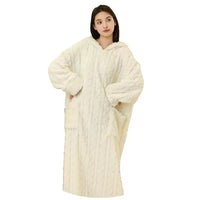 Women's Hooded Coral Fleece Robe Set Warm Jacquard Loungewear for Autumn/Winter