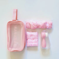 Travel Facial Cleansing Brush Set with Headband, Wristbands & PU Cosmetic Bag
