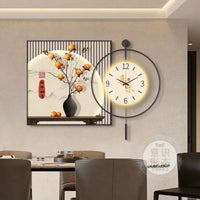 Modern Luxury Persimmon Decorative Wall Art with Clock for Dining Room