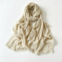 Summer Thin Cotton Linen Shawl Wrinkled Solid Color Sun Protection Scarf with Lace Trim