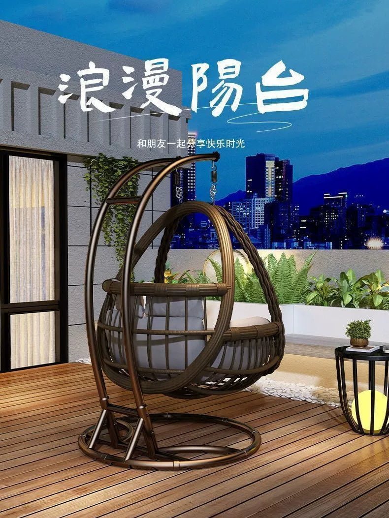Outdoor Wicker Hanging Basket Chair with Stand, Double/Single Swing Chair for Patio, Garden, Balcony, Indoor/Outdoor Use