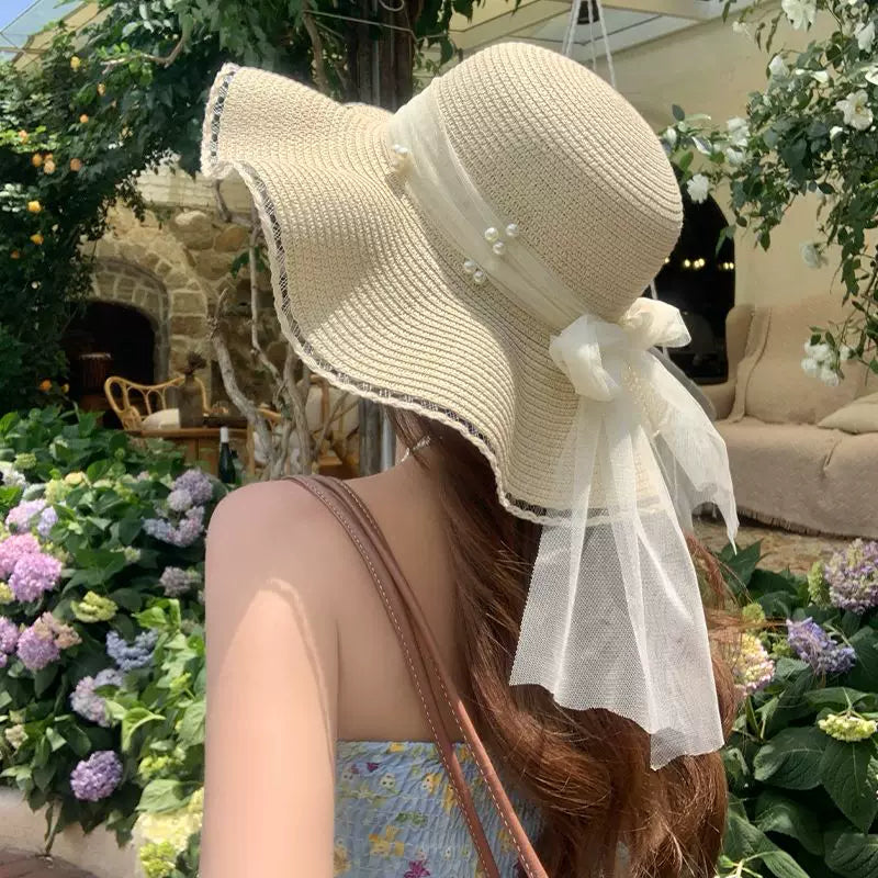 Lace Pearl Bowknot Wide Brim Straw Hat for Women, Summer Beach Vacation Sun Protection