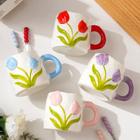 Colorful Tulip Ceramic Mug with Spoon, Underglaze Water Cup, Teacher's Day Gift for Women