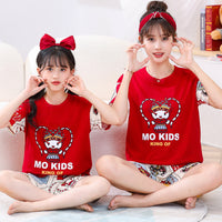 Kids' Cotton Short Sleeve Pajama Set, Thin Summer Cartoon Print Mother-Daughter Matching Homewear