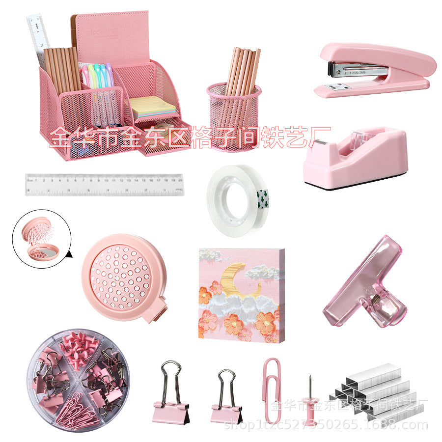 Macaron Color Desktop Stationery Set with Stapler, Scissors, Tape Dispenser, Staple Remover, and Staples