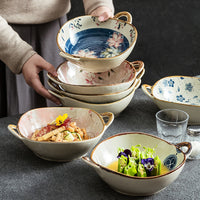 Japanese Style Ceramic Soup Noodle Bowl with Double Handles, Vintage Dessert Bowl
