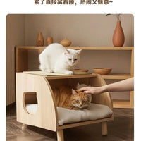 Solid Wood Cat House with Scratching Board and Toys