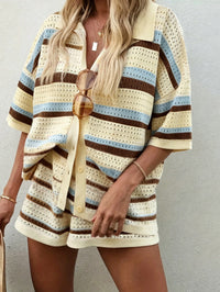 Women's Knitted Color Block Lapel Striped Short Sleeve Top and Shorts Set