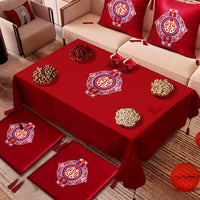 Red Wedding Tablecloth and Cushion Set with Fruit Plate and Dried Fruit Tray for Wedding Room Decoration