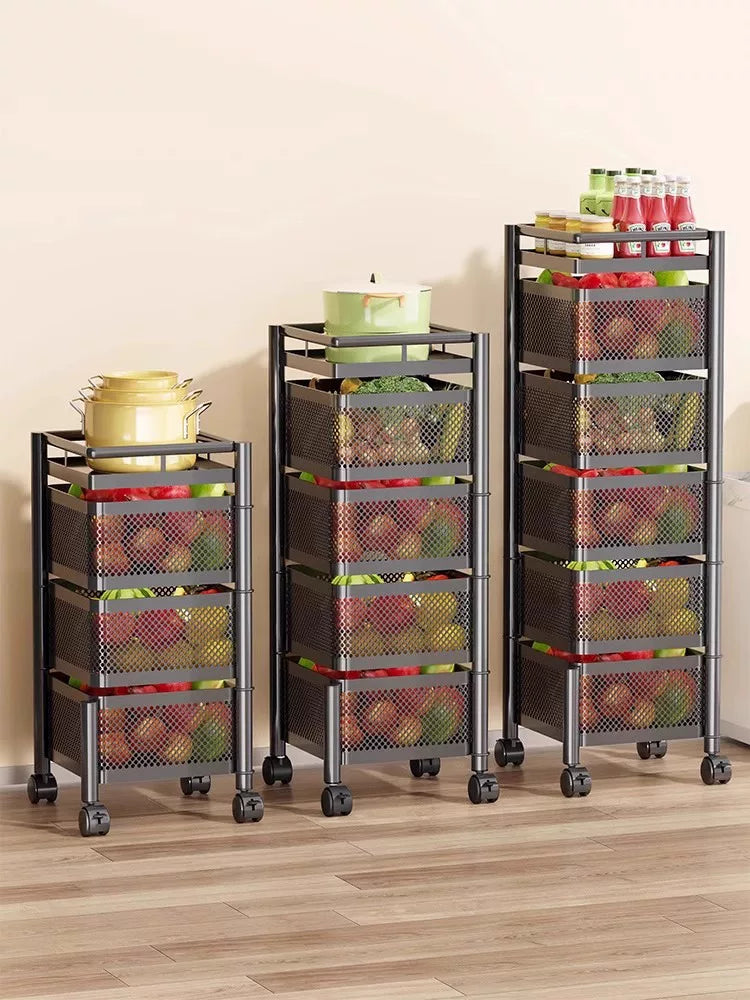 Multi-layer Rolling Utility Cart with Rotating Baskets for Kitchen, Living Room, and Storage