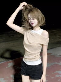 Lyocell Tencel Overlay Asymmetrical Cold Shoulder Top with Inner Cotton Blend