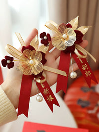 Wedding Corsage Set for Groom, Bride, and Parents - Red Floral Boutonniere Pins