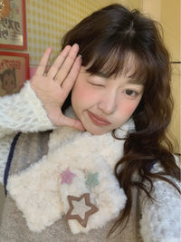 Japanese Sweet Star Plush Cross Scarf for Women, Thickened Warm Short Korean Style All-match Student Neck Warmer