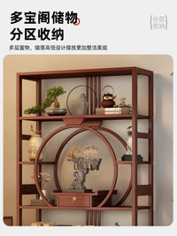 New Chinese Style Display Shelf with Drawers and Carved Doors, Floor-Standing Curio Cabinet for Teahouse Living Room