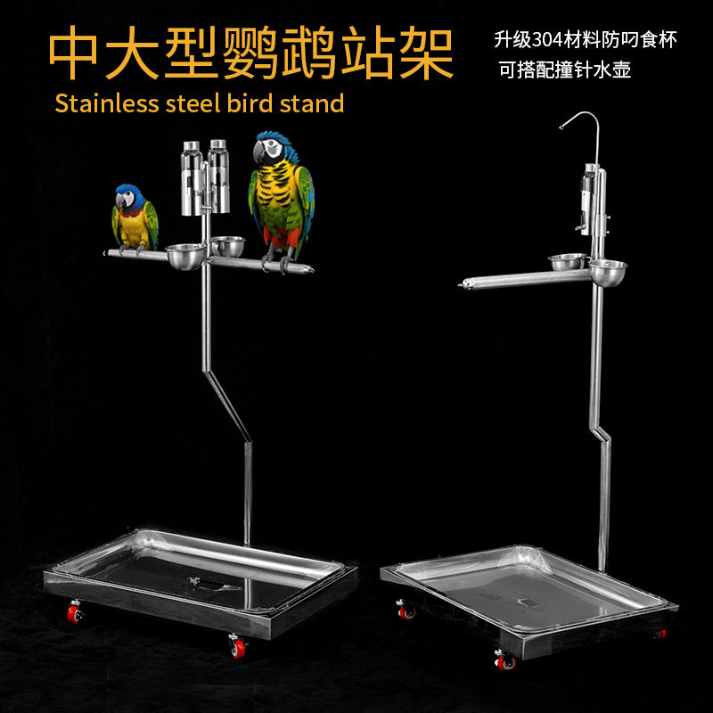 Large Stainless Steel Parrot Play Stand with Water Feeder for Single or Double Birds