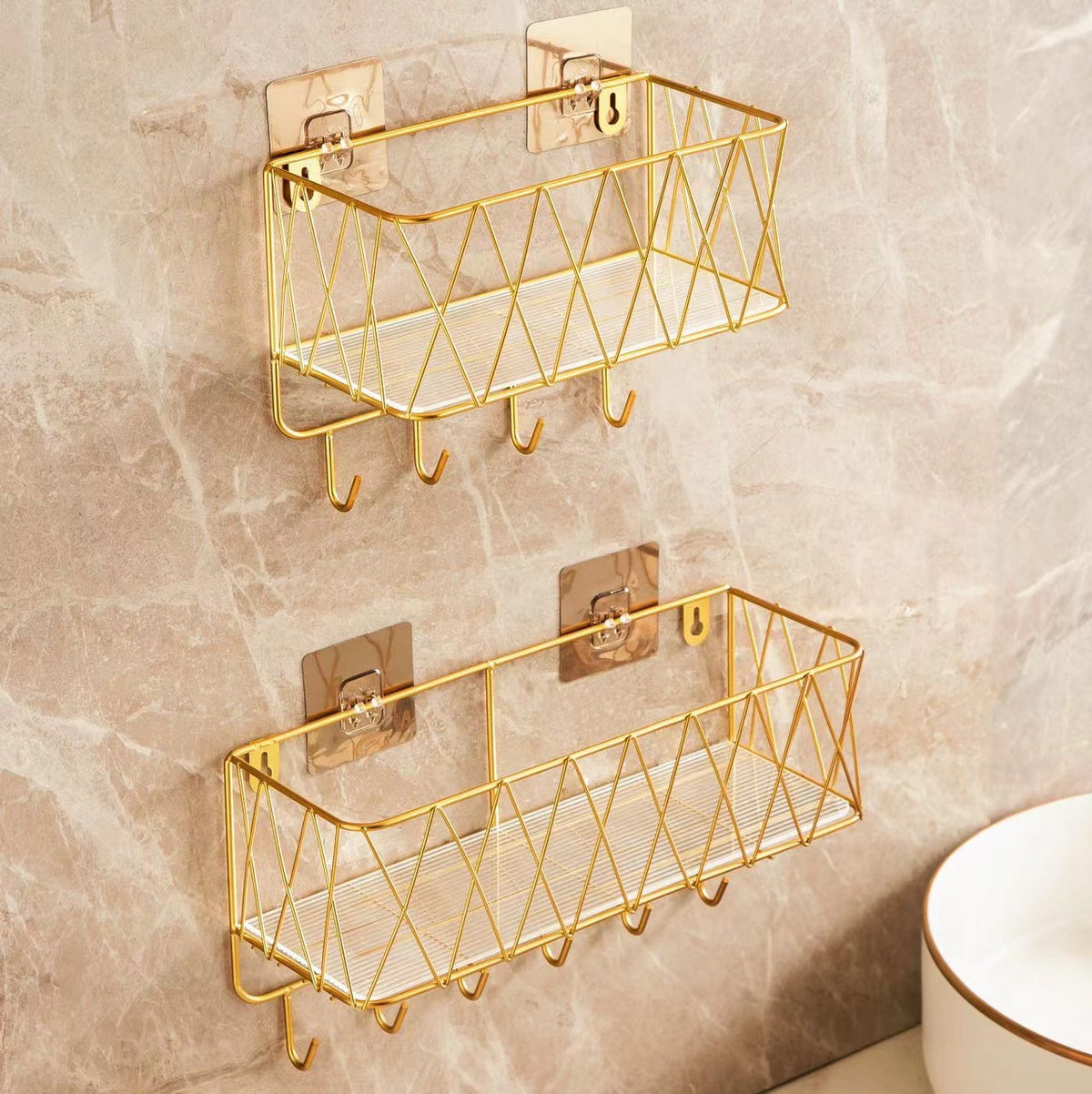 No-Drill Wall-Mounted Bathroom Shelf with Hooks