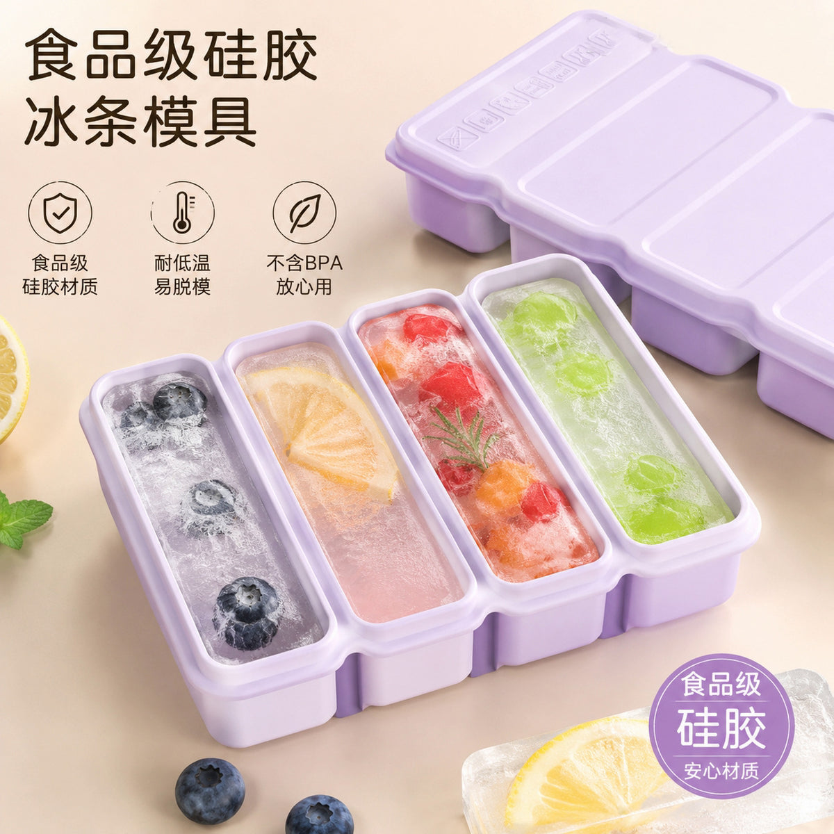 Meelyhome Food-Grade Silicone Ice Cube Tray with Lid for Homemade Ice Cubes, Long Strip Ice Mold for Freezer