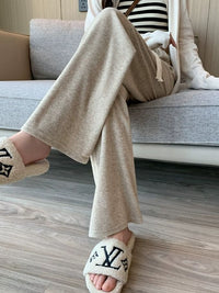 Women's Fleece-Lined Knit Wide-Leg Pants - Casual Straight-Leg Trousers with Drape