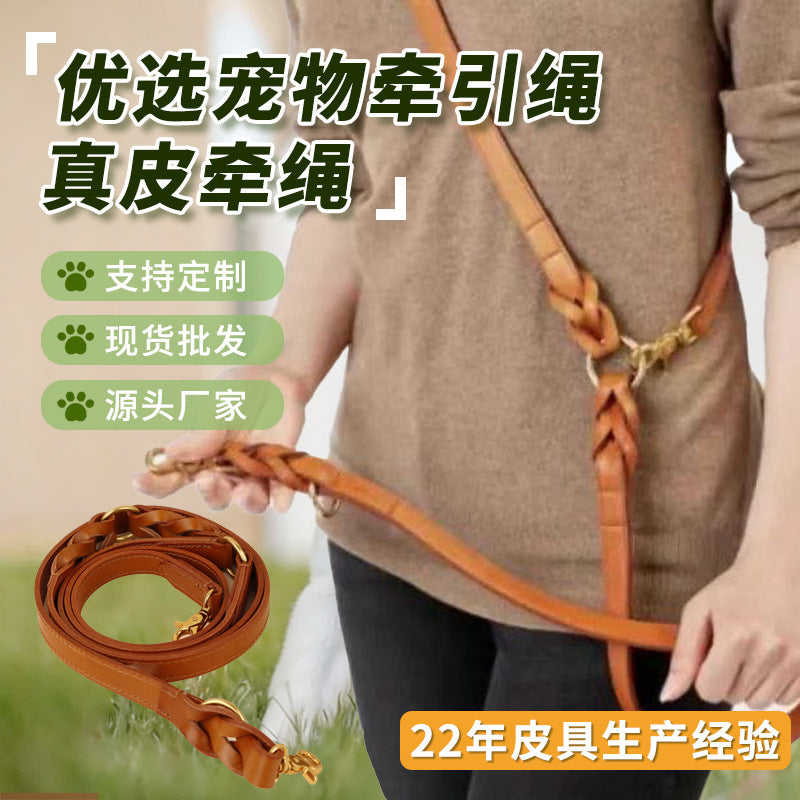 Multifunctional Crossbody Pet Leash Vintage Cowhide Hand-Woven Hands-Free Shoulder Dog Leash
