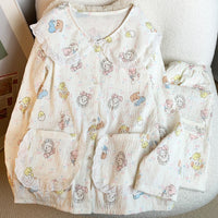 Women's Japanese Style Cloud Cotton Pajama Set with Peter Pan Collar, Long Sleeve Lace Trim Homewear
