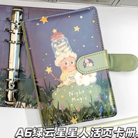 A6 Green Cloud Star Leather Binder Notebook for Students, Cartoon Design Loose-Leaf Collection Album