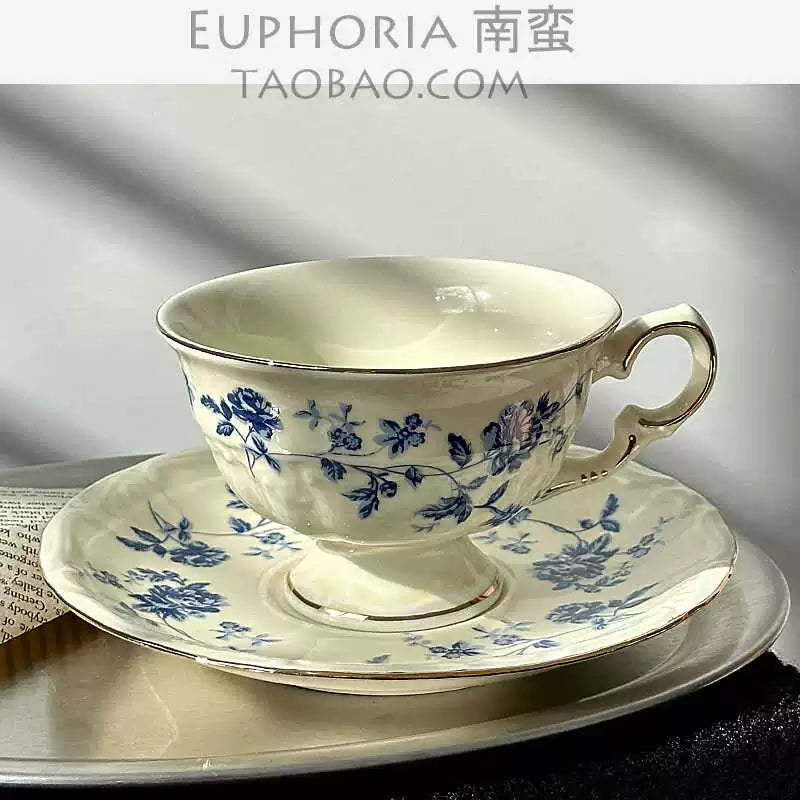 Vintage French Blue and White Porcelain Coffee Cup and Saucer Set with Gold Rim