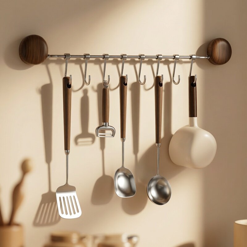 Walnut Wood Suction Cup Kitchen Utensil Rack with Movable Hooks