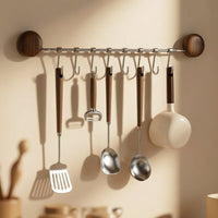 Walnut Wood Suction Cup Kitchen Utensil Rack with Movable Hooks