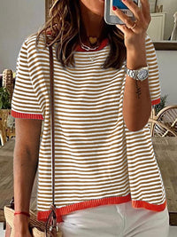 2025 New Knitted Sweater European and American Style Striped Color Block Drop Shoulder Short Sleeve Top